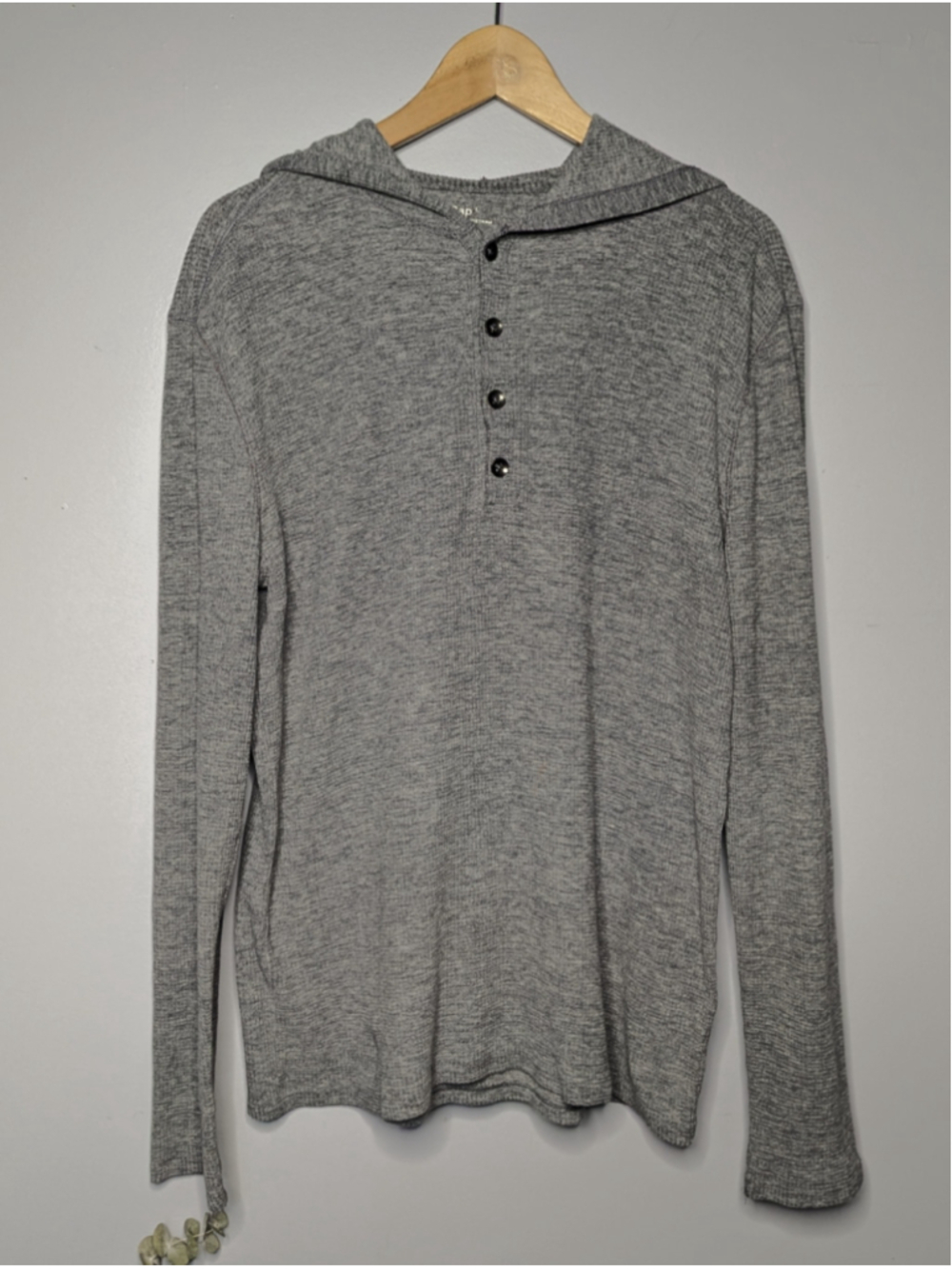 GAP Men's Waffle Knit Henley Hoodie Grey Thermal Long Sleeve Pullover Size L